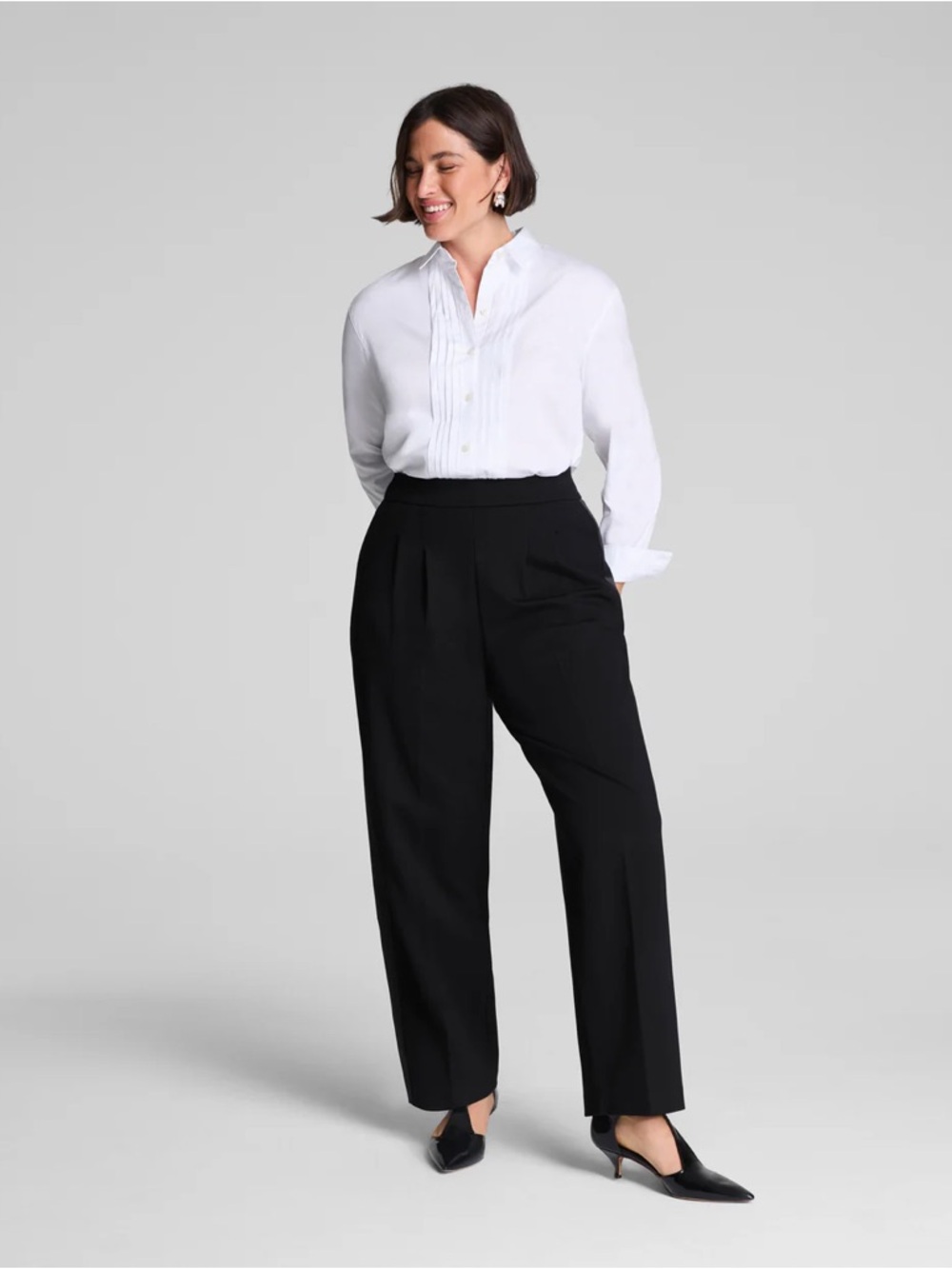 SPANX Ponte Pleated Barrel Leg Trouser with Tuxedo Stripe Black Pants NWT